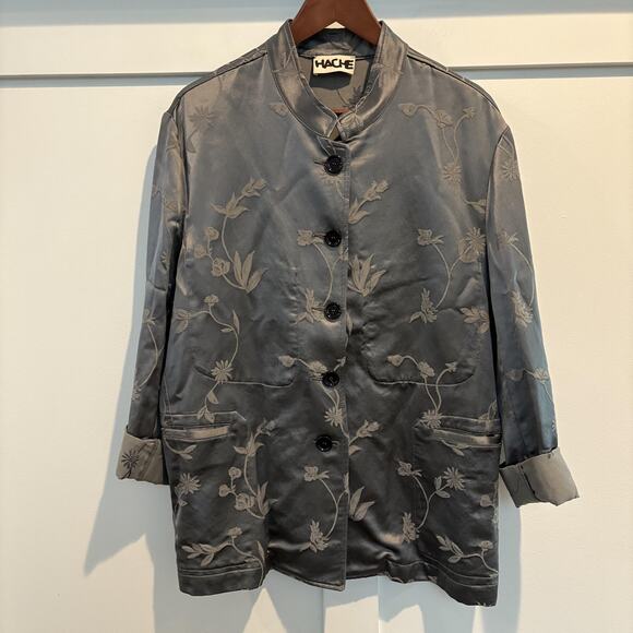 HACHE Jackets & Blazers - Hache‎ Jacket Women 46 US 10 Gray Floral Jacquard Mandarin Collar Made in Italy